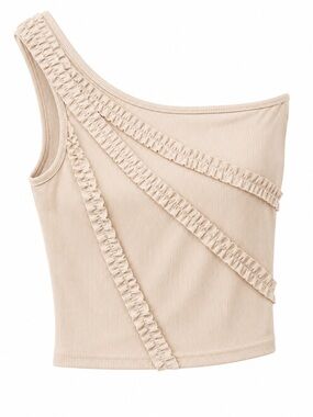 CREAM ASYMMETRIC ONE SHOULDER TOP WITH RUFFLE DETAILS